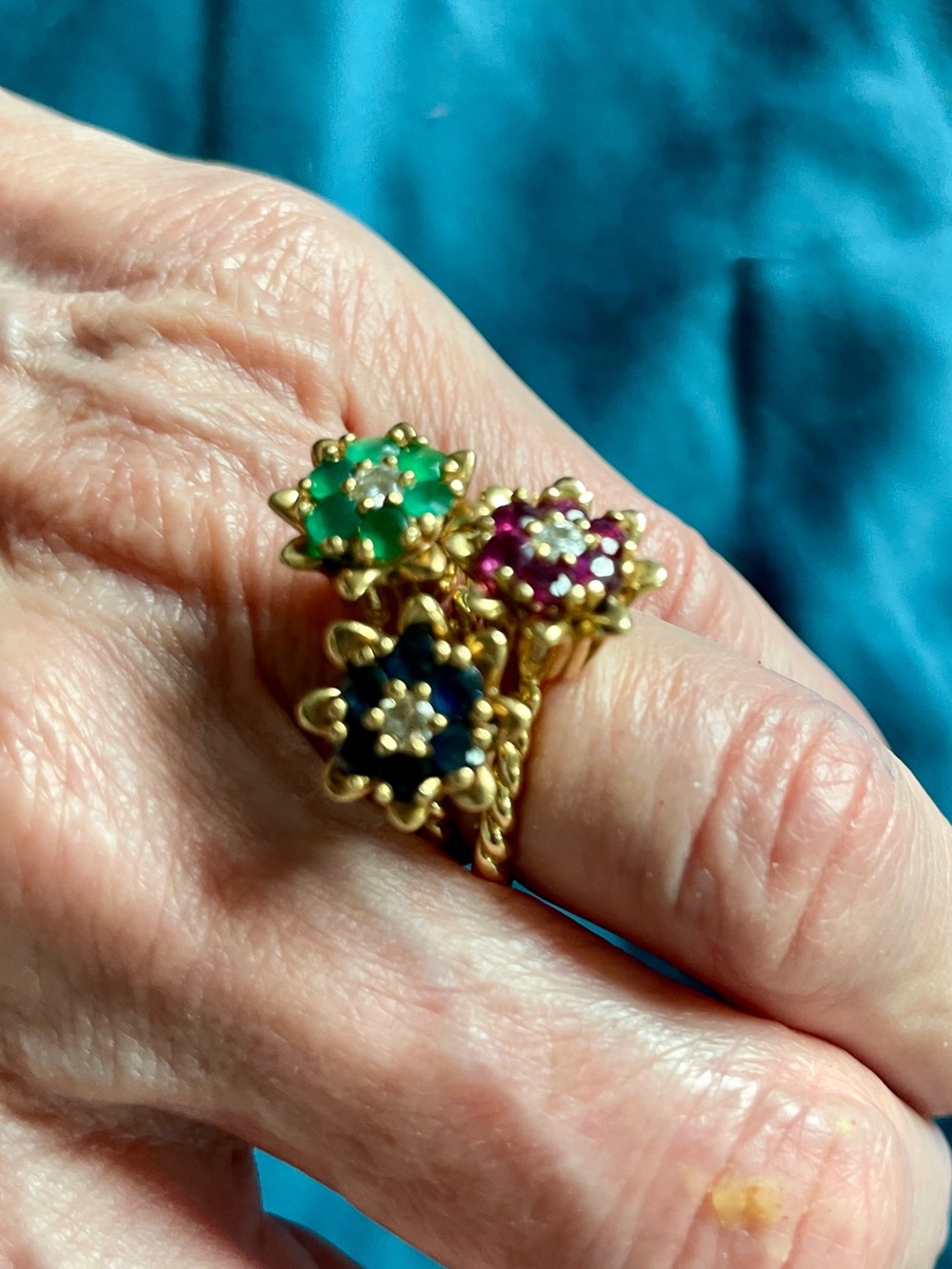 14k Gold Floral Tulip Rings with Emeralds, Ruby‘s and Sapphire’s with Diamonds